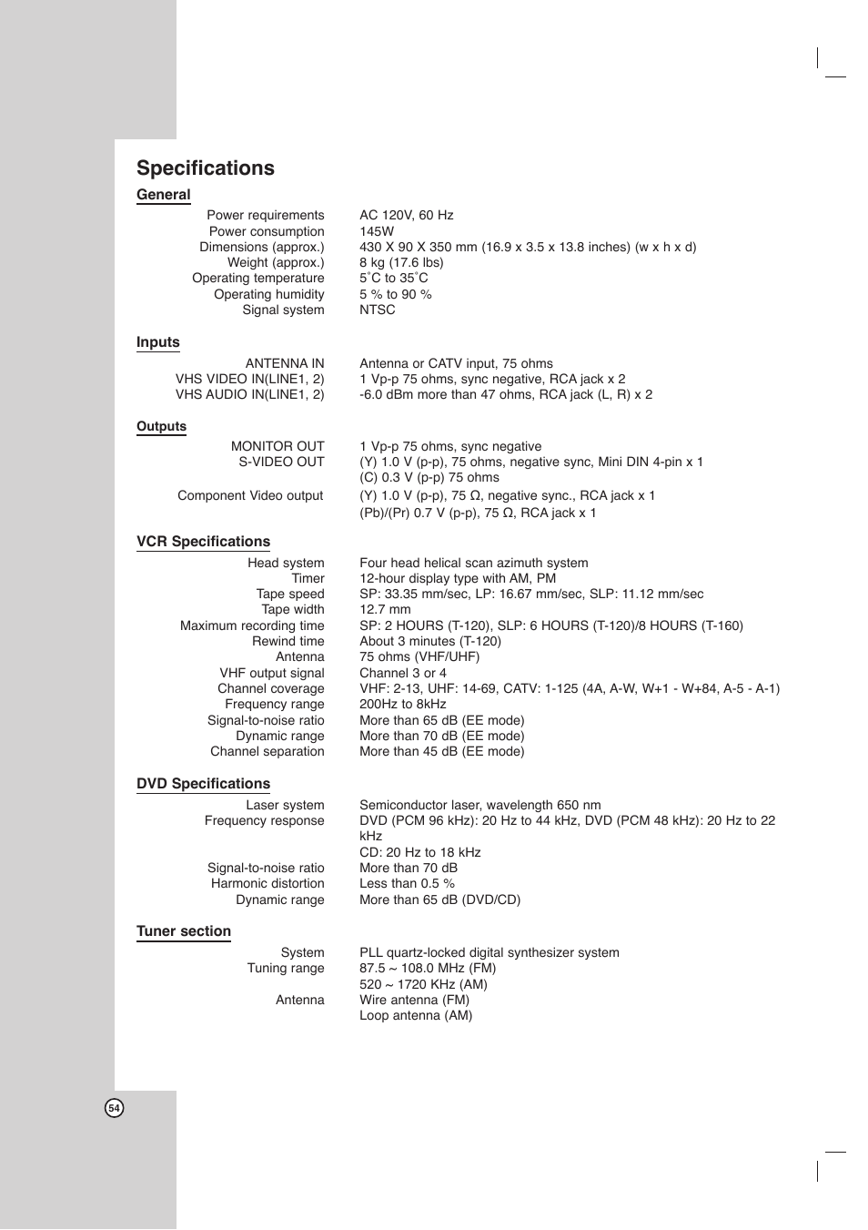 Specifications | LG LHX-557 User Manual | Page 54 / 56