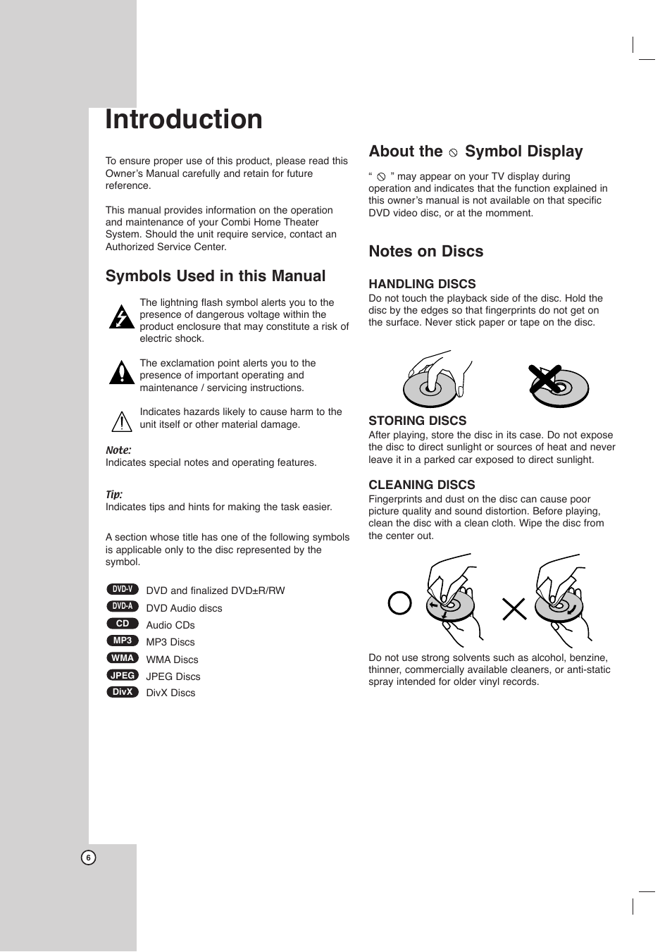 Introduction, Symbols used in this manual, About the symbol display | LG LHX-557 User Manual | Page 6 / 56