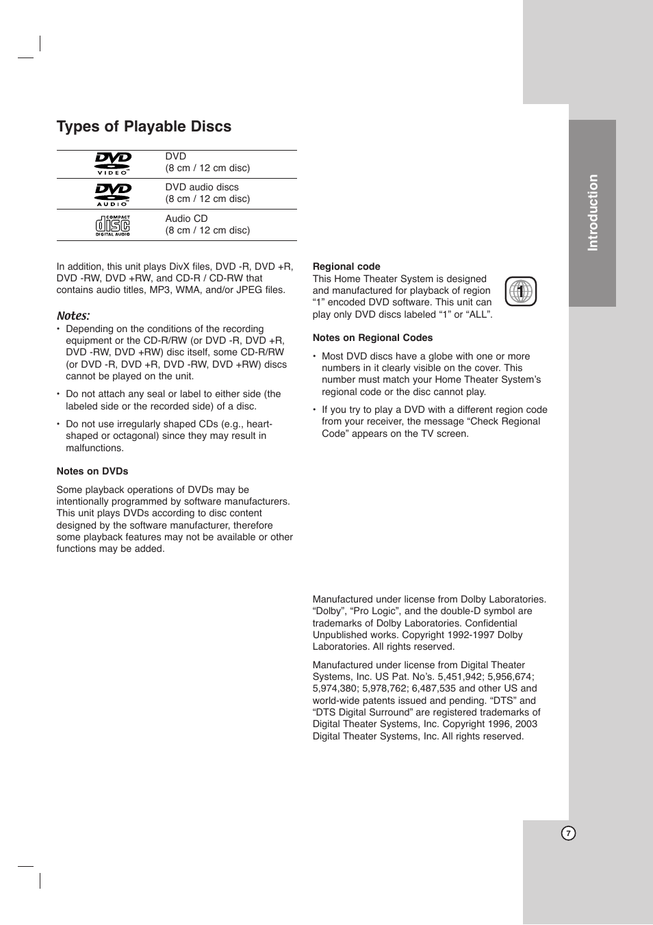 Types of playable discs, Introduction | LG LHX-557 User Manual | Page 7 / 56