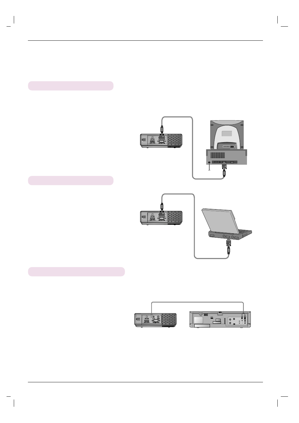 Connection, Connecting to a desktop pc, Connecting to a notebook pc | Connecting to a video source | LG HS101 User Manual | Page 15 / 26