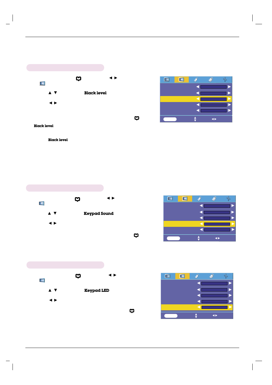 Black level function, Keypad sound function, Keypad led function | LG HS101 User Manual | Page 19 / 26