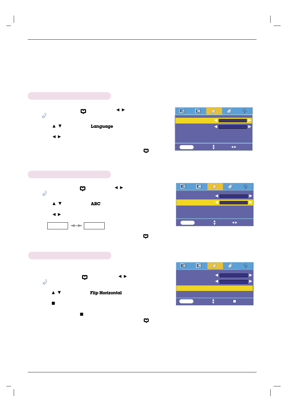 Special menu options, Selecting language, Using arc function | Flip horizontal function, Using arc function flip horizontal function | LG HS101 User Manual | Page 20 / 26