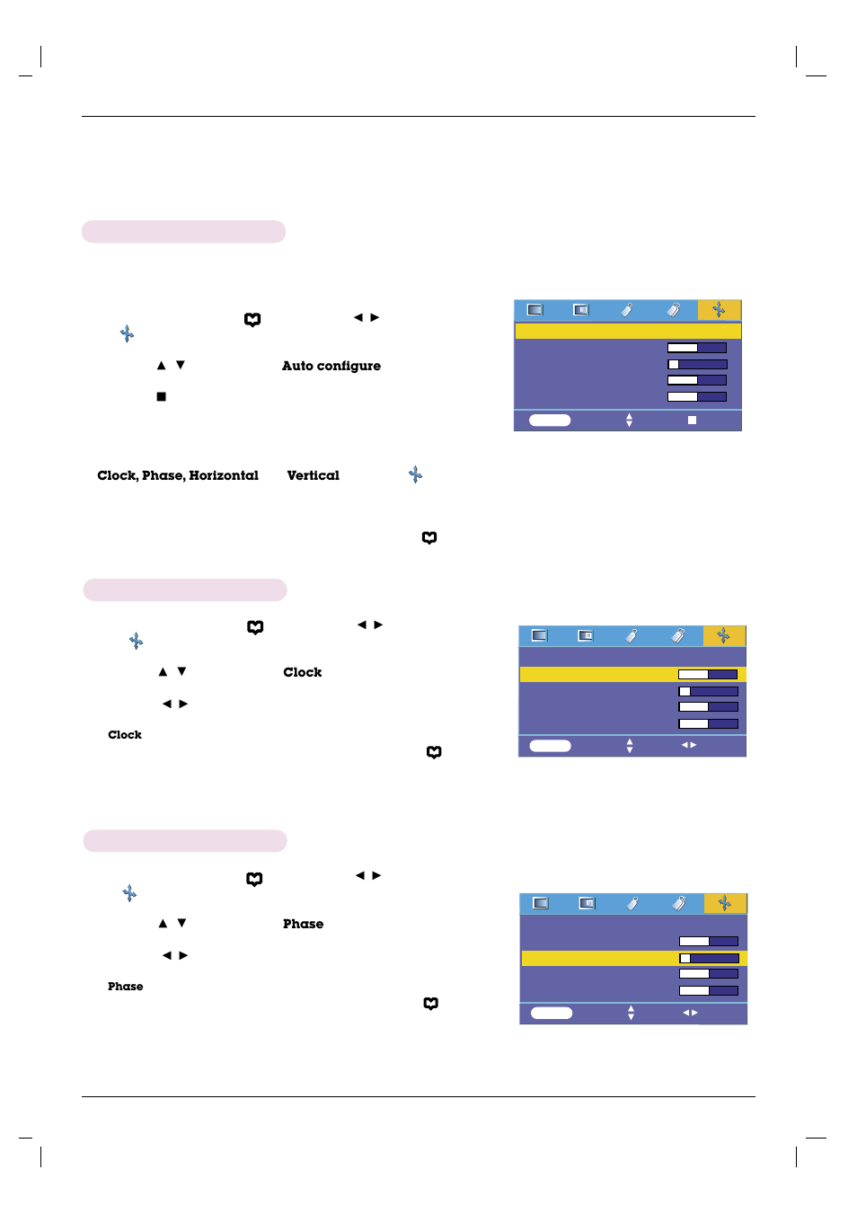 Screen menu options, Auto configure function, Using clock function | Using phase function, Using clock function using phase function | LG HS101 User Manual | Page 22 / 26