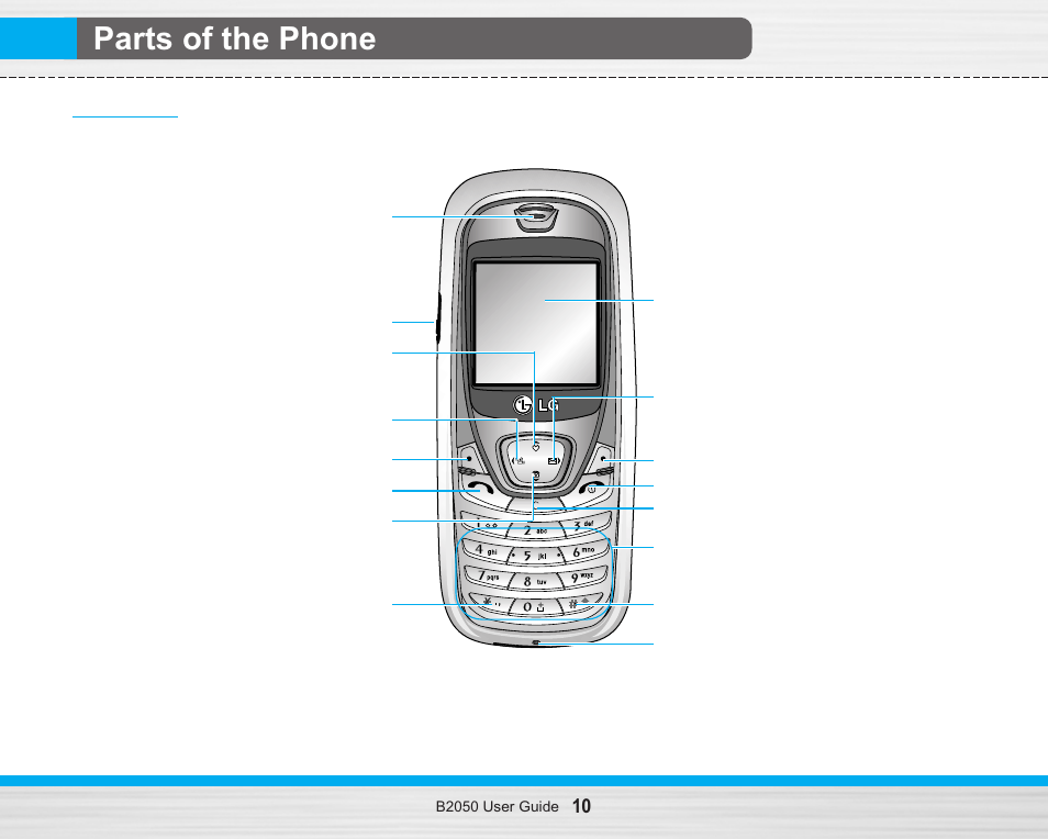 Parts of the phone, Front view | LG B2050 User Manual | Page 11 / 73