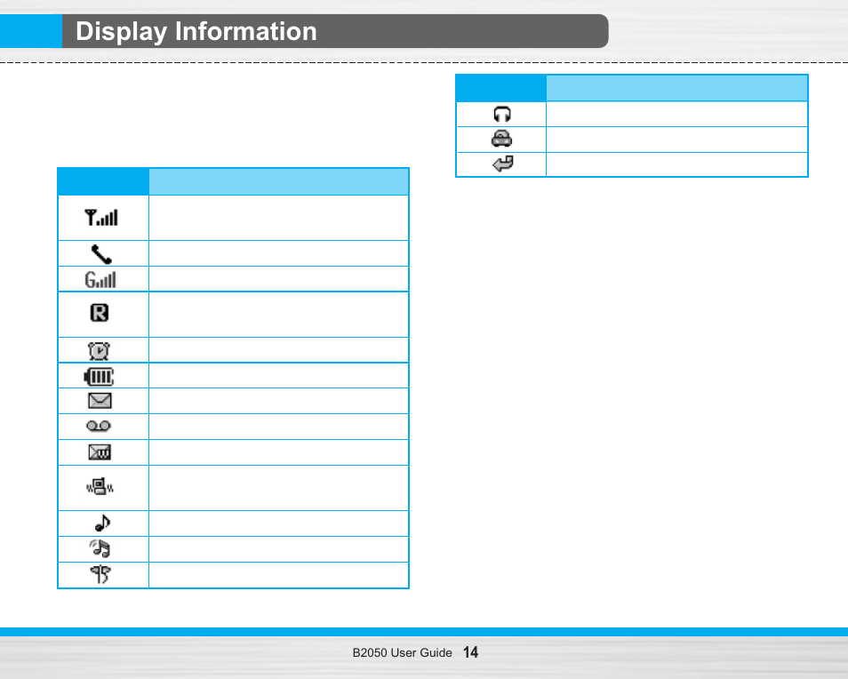 Display information, On-screen icons | LG B2050 User Manual | Page 15 / 73