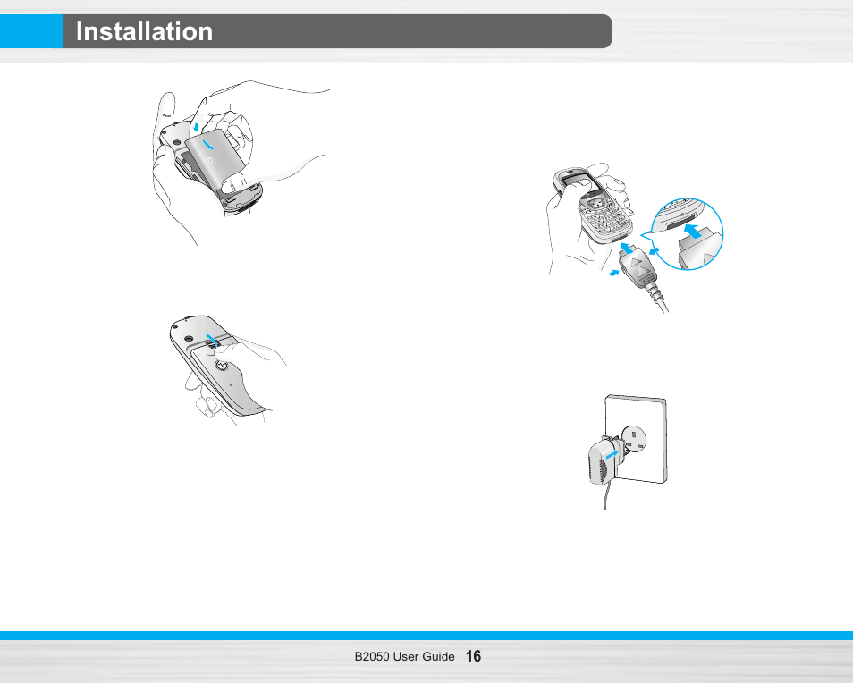 Installation, Charging the battery | LG B2050 User Manual | Page 17 / 73