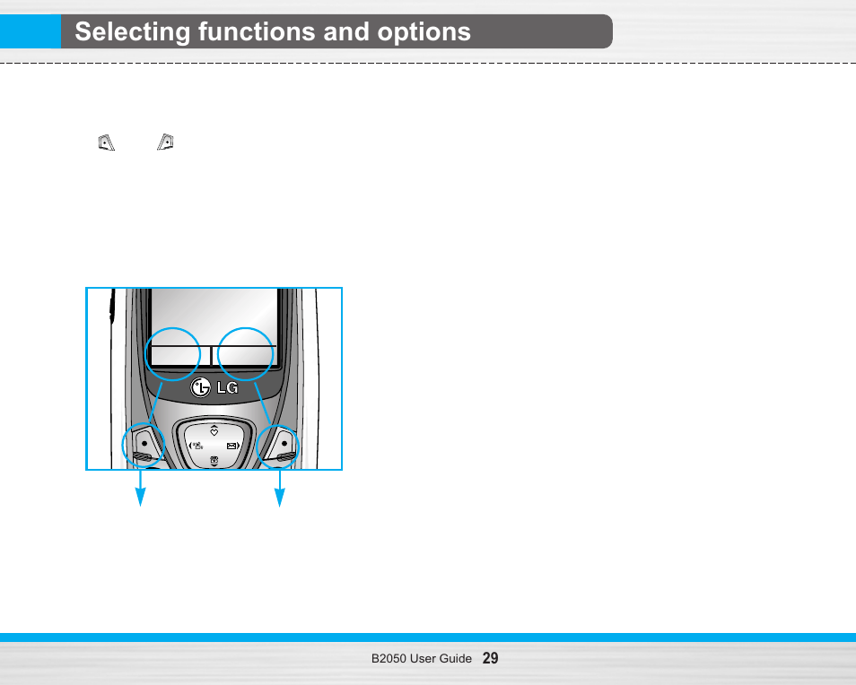 Selecting functions and options | LG B2050 User Manual | Page 30 / 73