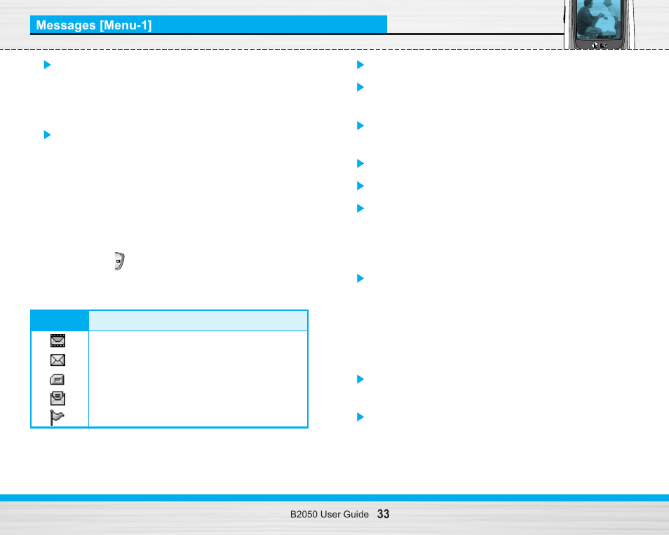 Inbox [menu-1-3 | LG B2050 User Manual | Page 34 / 73