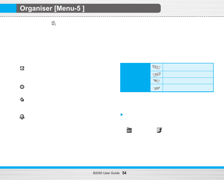 Organiser [menu-5, Alarm clock [menu-5-1, Scheduler [menu-5-2 | LG B2050 User Manual | Page 55 / 73