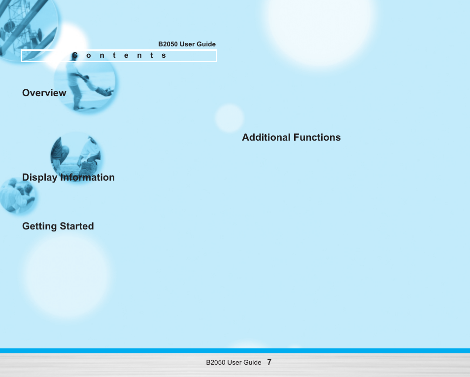 Overview, Display information, Getting started | Additional functions | LG B2050 User Manual | Page 8 / 73