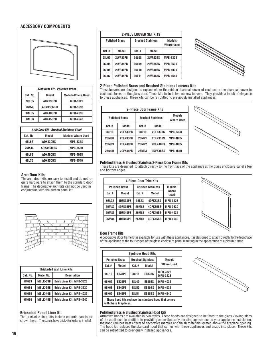Accessory components, Arch door kits, Brickaded panel liner kit | LG LENNOX MPB3328CNE User Manual | Page 16 / 28
