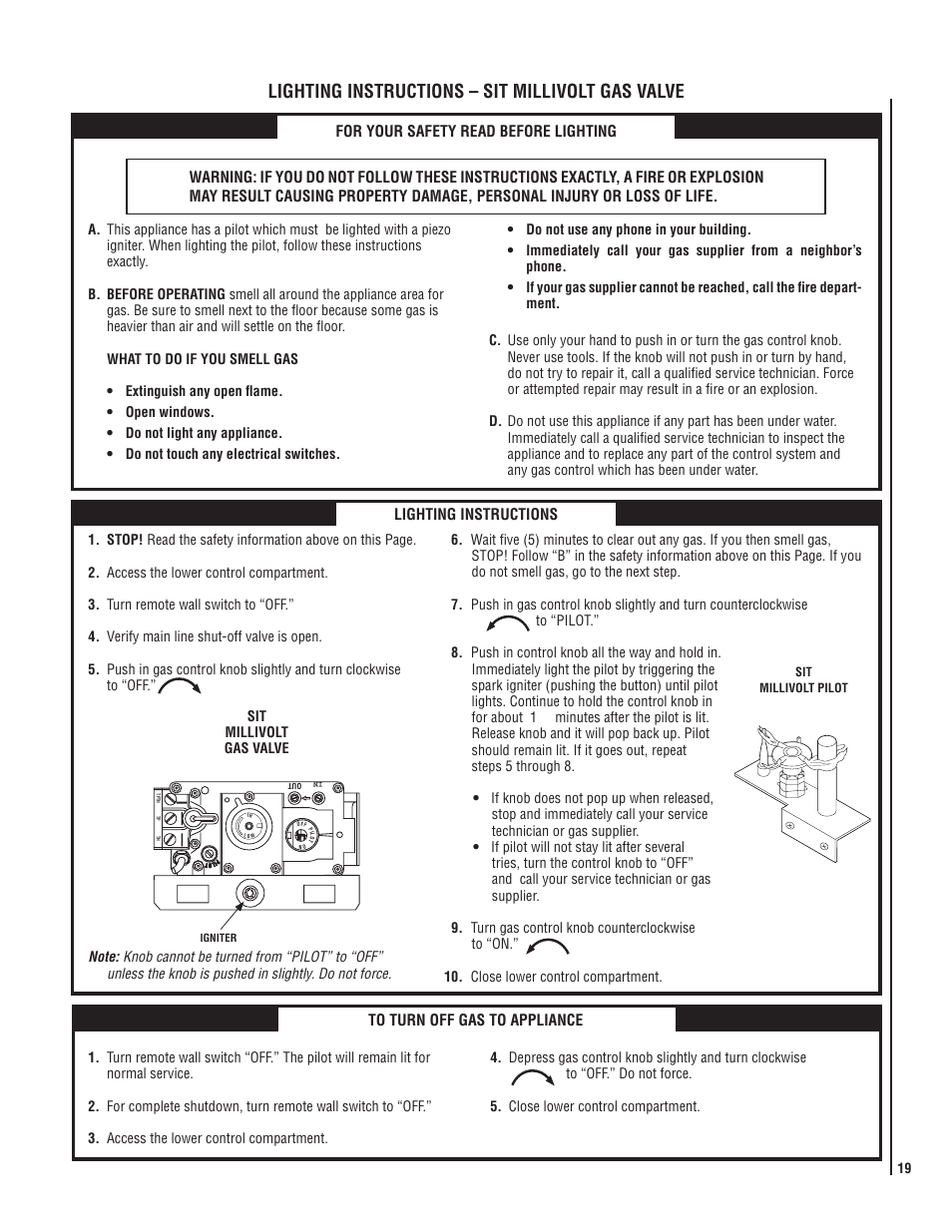 Lighting instructions – sit millivolt gas valve, Lighting instructions | LG LENNOX MPB3328CNE User Manual | Page 19 / 28