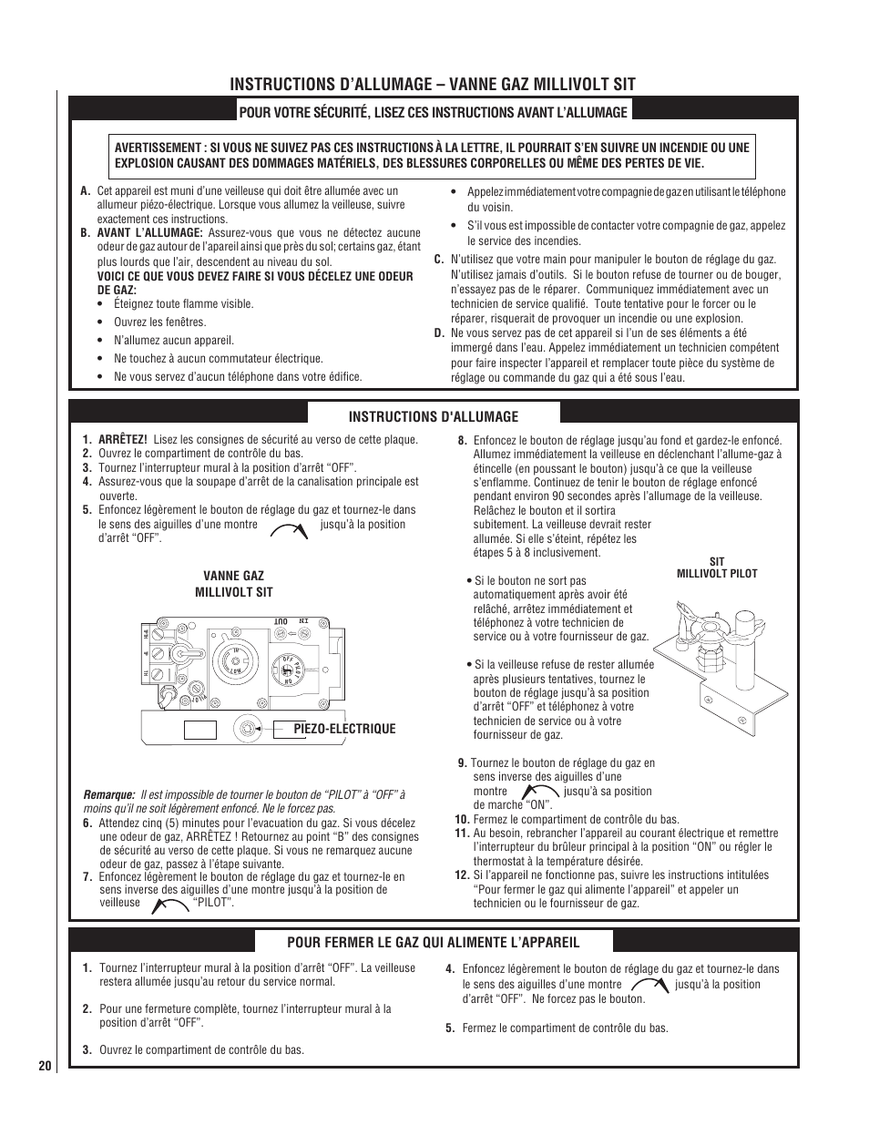 Instructions d’allumage – vanne gaz millivolt sit, Instructions d'allumage, Pour fermer le gaz qui alimente l’appareil | LG LENNOX MPB3328CNE User Manual | Page 20 / 28