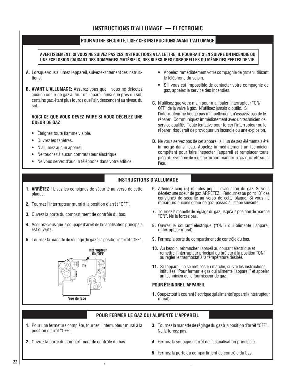 Instructions d’allumage — electronic, Pour fermer le gaz qui alimente l’appareil | LG LENNOX MPB3328CNE User Manual | Page 22 / 28