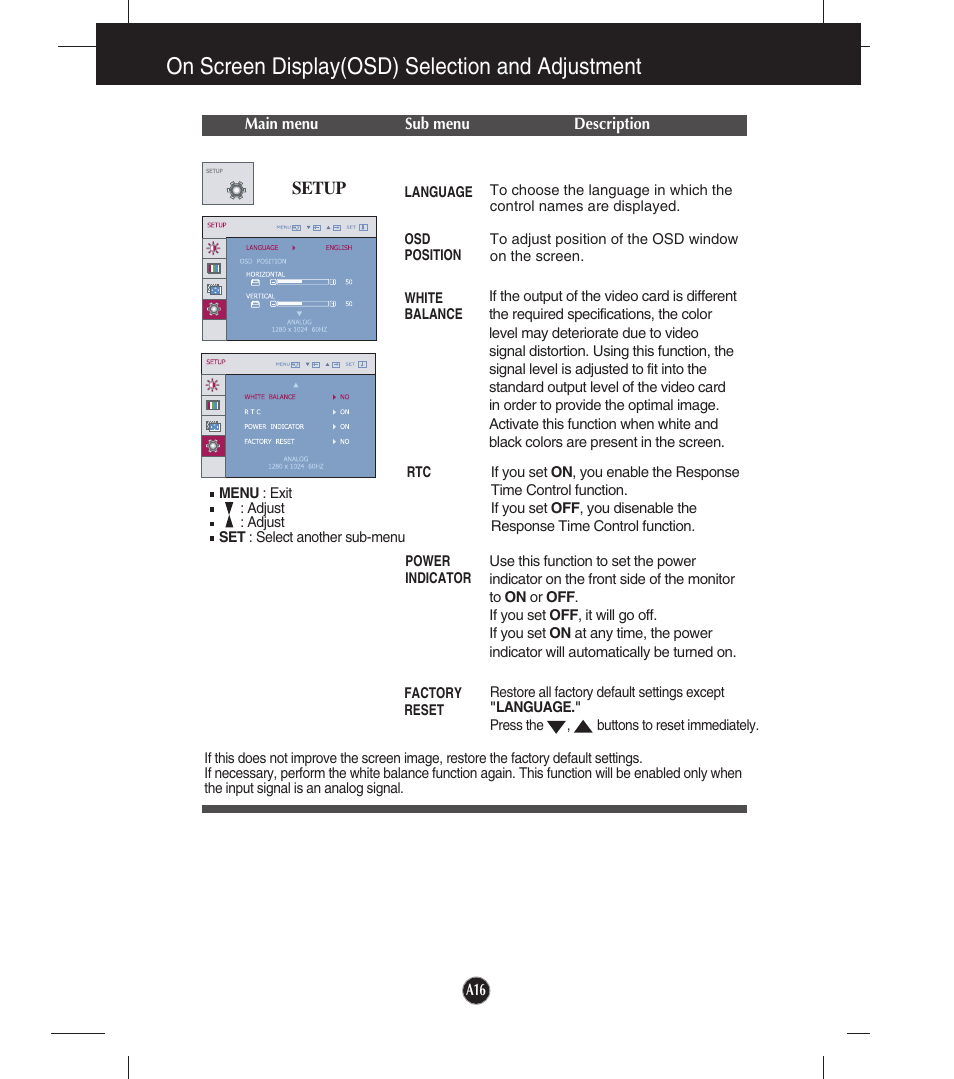 Setup, On screen display(osd) selection and adjustment | LG W2253TQ User Manual | Page 17 / 28