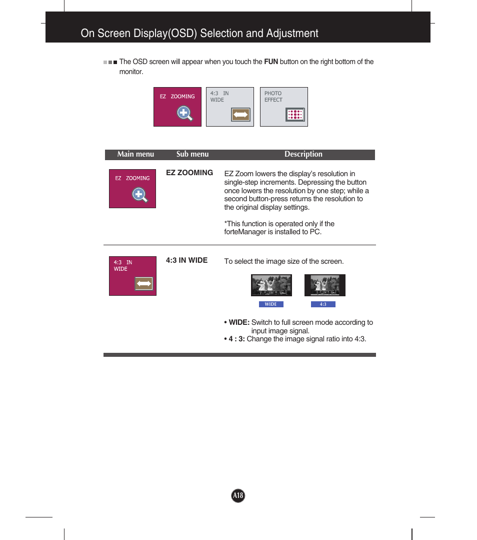 Ez zooming, 3 in wide, On screen display(osd) selection and adjustment | LG W2253TQ User Manual | Page 19 / 28