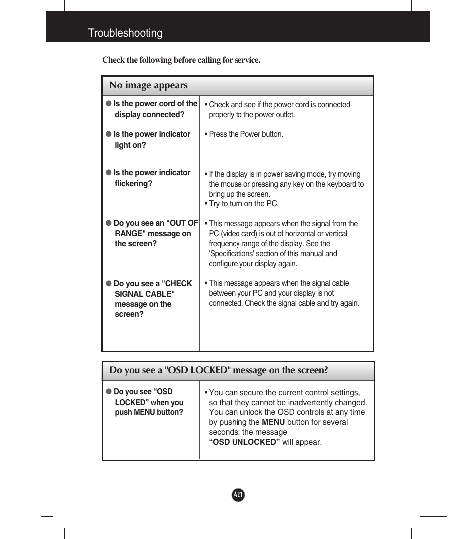 Troubleshooting, No image appears, Do you see a "osd locked" message on the screen | LG W2253TQ User Manual | Page 22 / 28