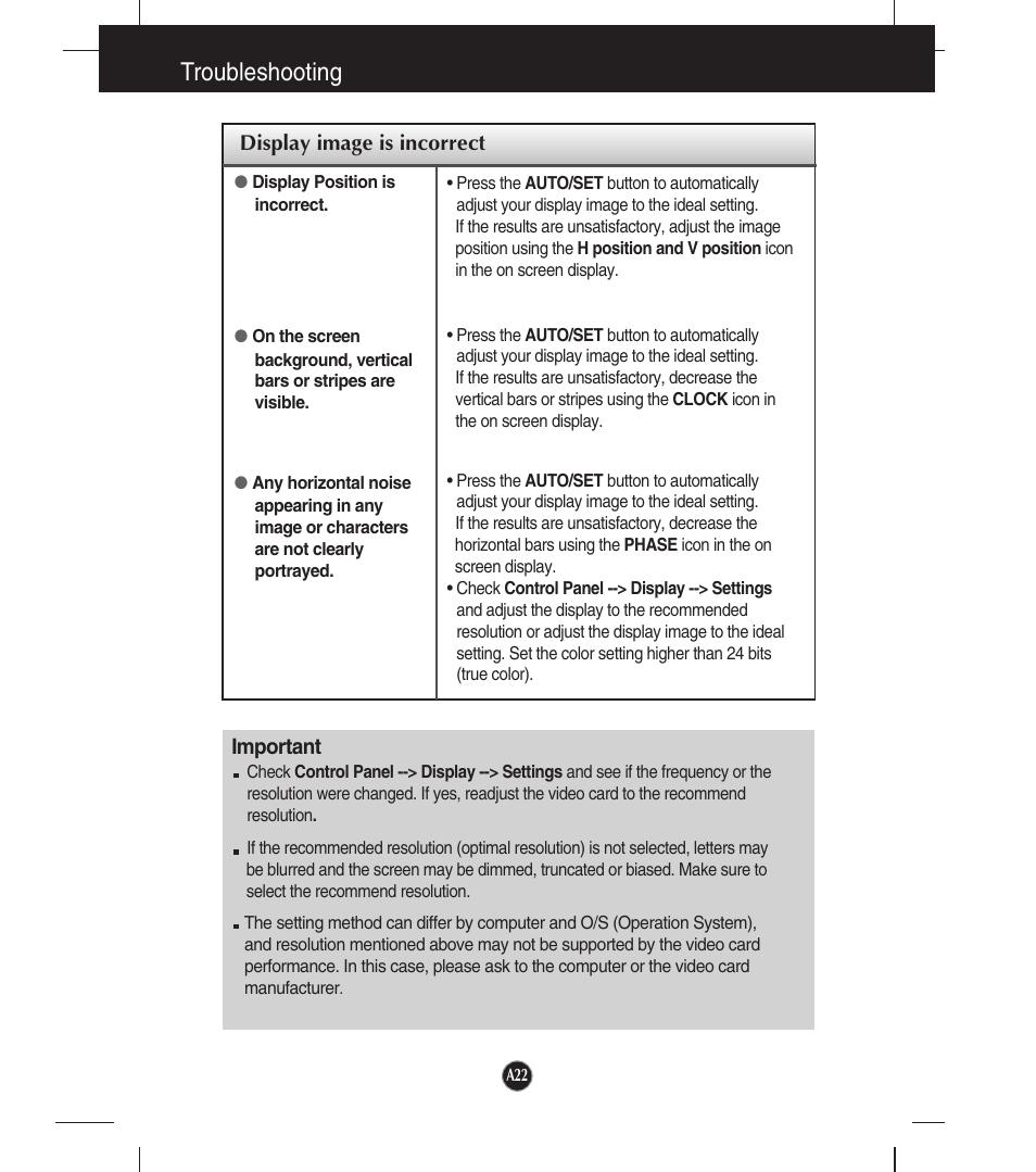 Display image is incorrect, Troubleshooting | LG W2253TQ User Manual | Page 23 / 28