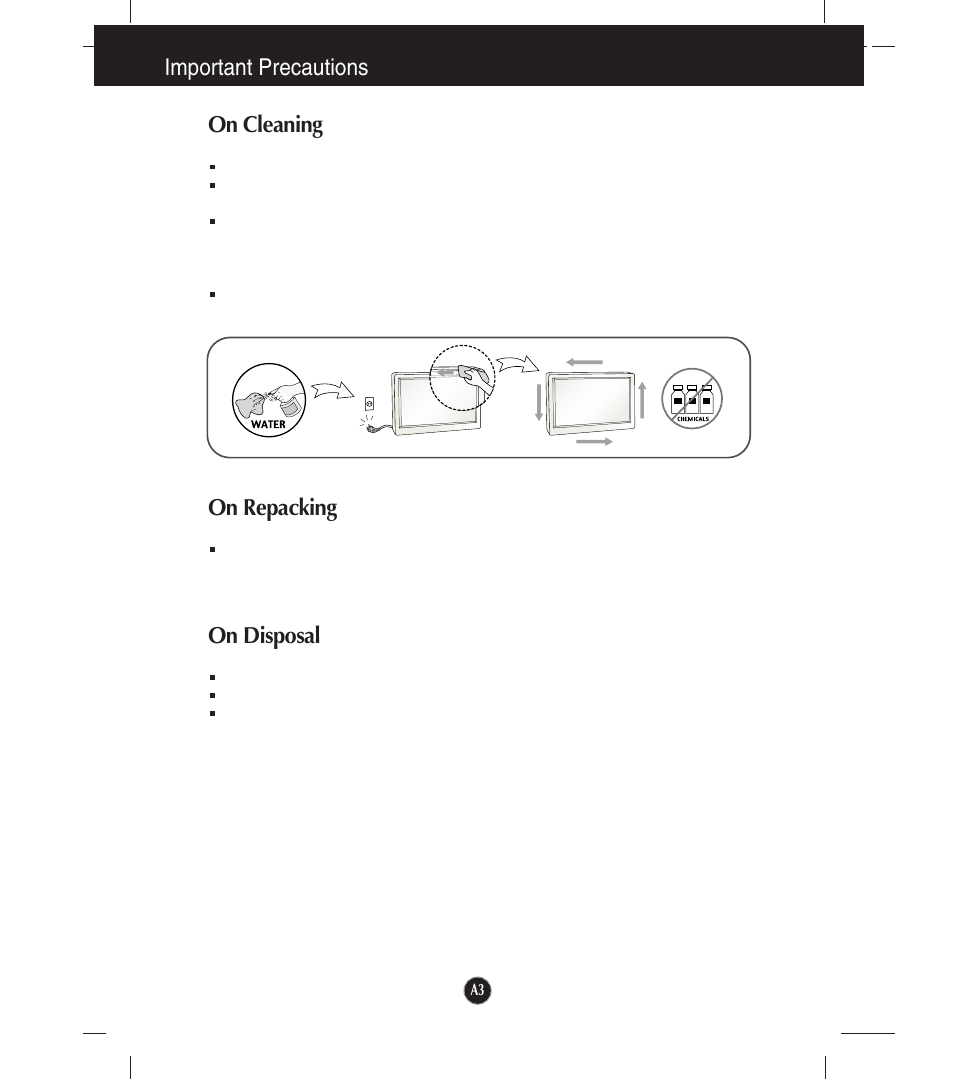 On cleaning, On repacking, On disposal | Important precautions on cleaning | LG W2253TQ User Manual | Page 4 / 28