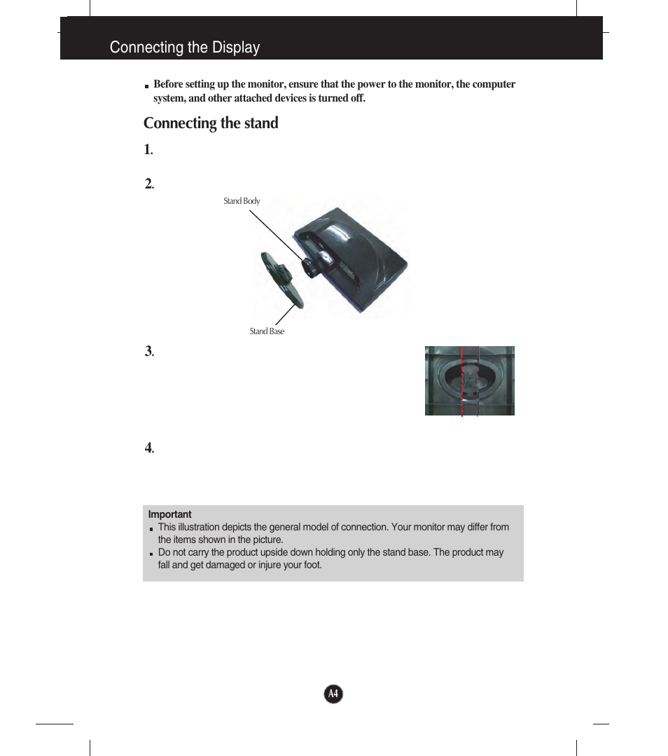 Connecting the display, Connecting the stand | LG W2253TQ User Manual | Page 5 / 28