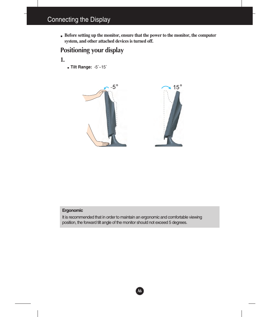 Positioning your display, Connecting the display | LG W2253TQ User Manual | Page 7 / 28