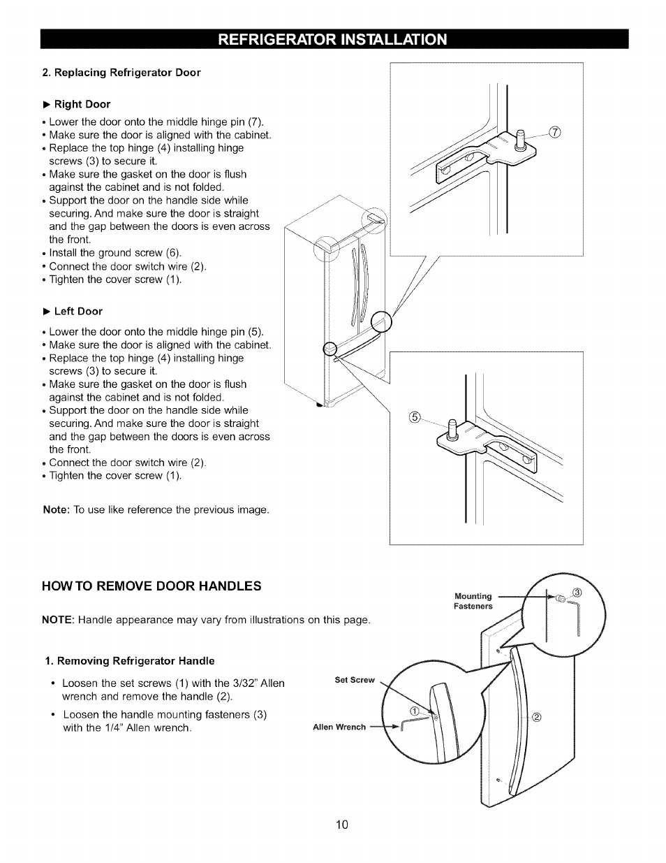 Replacing refrigerator door, Right door, Left door | Howto remove door handles, Removing refrigerator handle, Refrigerator installation | LG LFC20760 User Manual | Page 10 / 29