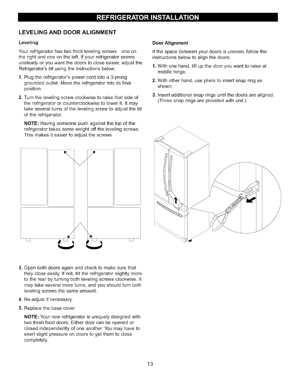 Leveling and poor alignment, Leveling, Door alignment | Refrigerator installation | LG LFC20760 User Manual | Page 13 / 29