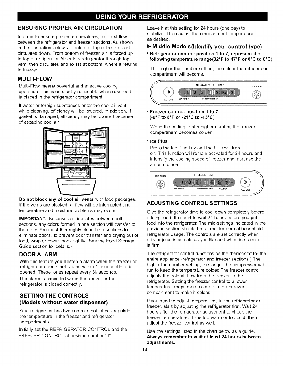 Ensuring proper air circulation, Multi-flow, Door alarm | Middle models(ldentify your control type), Ice plus, Adjusting control settings, Using your refrigerator | LG LFC20760 User Manual | Page 14 / 29