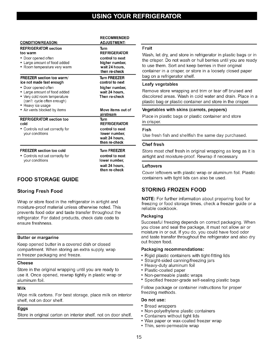 Butter or margarine, Cheese, Milk | Eggs, Fish, Chef fresh, Leftovers, Storing frozen food, Do not use, Using your refrigerator | LG LFC20760 User Manual | Page 15 / 29