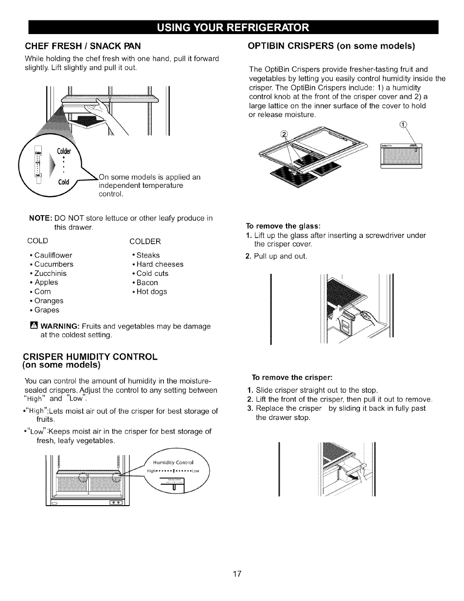 Chef fresh / snack fan, Optibin crispers (on some models), Crisper humidity control (on some models) | To remove the glass, To remove the crisper, Using your refrigerator | LG LFC20760 User Manual | Page 17 / 29