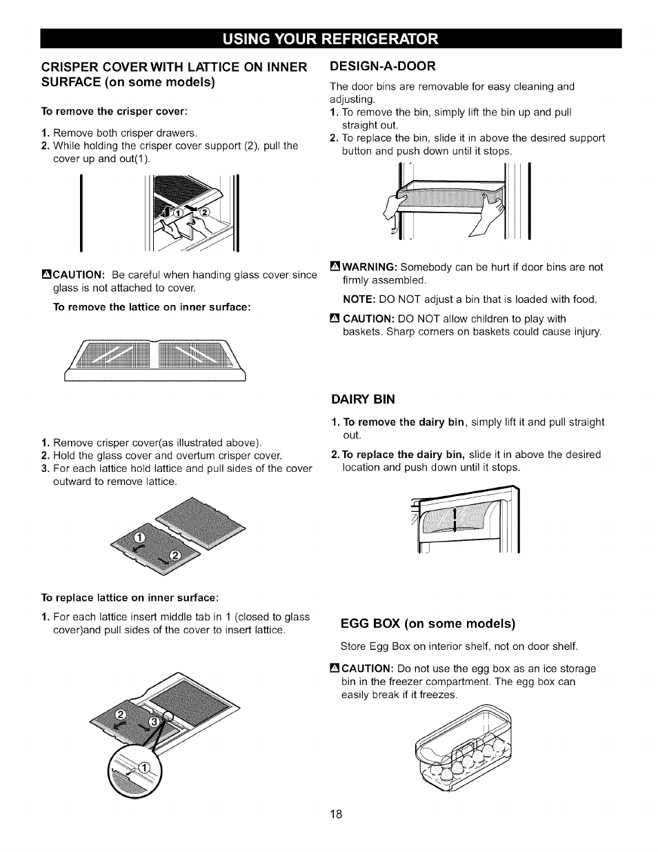 To remove the crisper cover, Design-a-door, Dairy bin | Egg box (on some models), Using your refrigerator | LG LFC20760 User Manual | Page 18 / 29