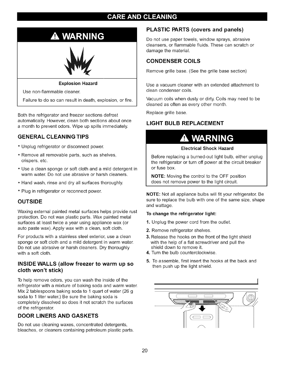 General cleaning tips, Outside, Door liners and gaskets | Plastic parts (covers and panels), Condenser coils, Electrical shock hazard, Warning, Care and cleaning | LG LFC20760 User Manual | Page 20 / 29