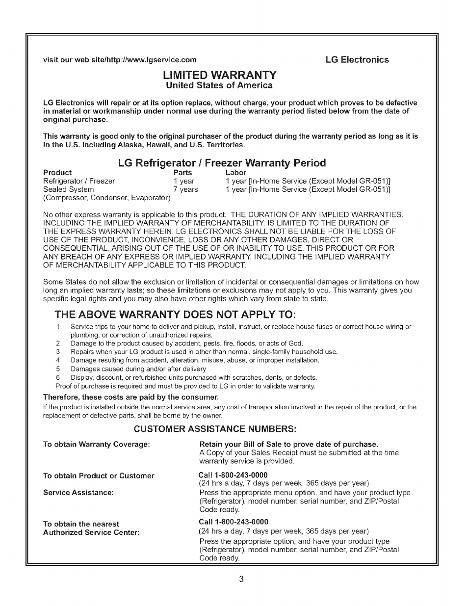 United states of america, Lg refrigerator / freezer warranty period, The above warranty does not apply to | Retain your bill of sale to prove date of purchase, Call 1-800-243-0000, Limited warranty | LG LFC20760 User Manual | Page 3 / 29