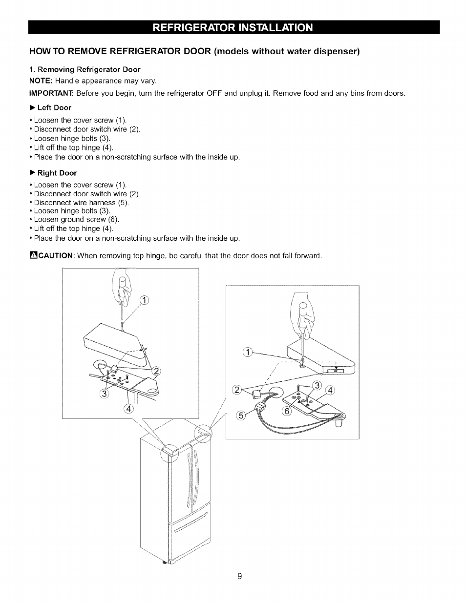 Left door, Right door, Refrigerator installation | LG LFC20760 User Manual | Page 9 / 29