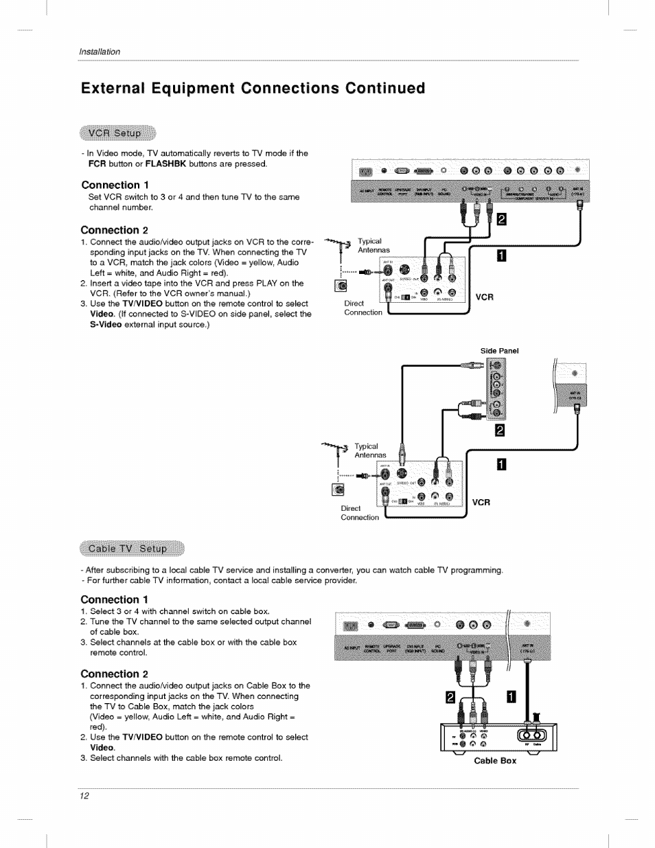 Connection 1, Connection 2, External equipment connections continued | LG 23LX2R User Manual | Page 12 / 32