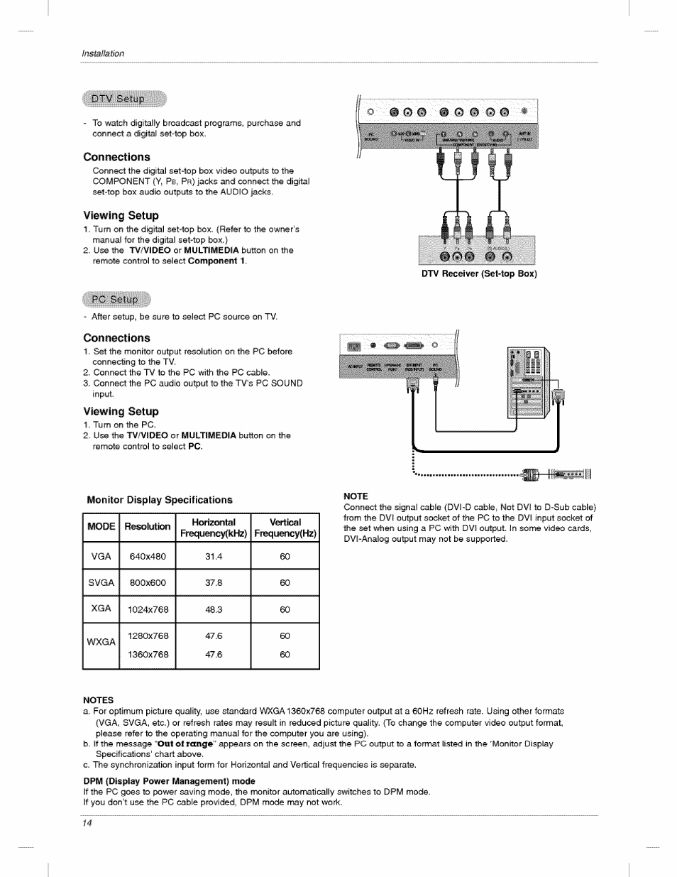 Connections, Viewing setup, Note | F.'i c.) (0 | LG 23LX2R User Manual | Page 14 / 32