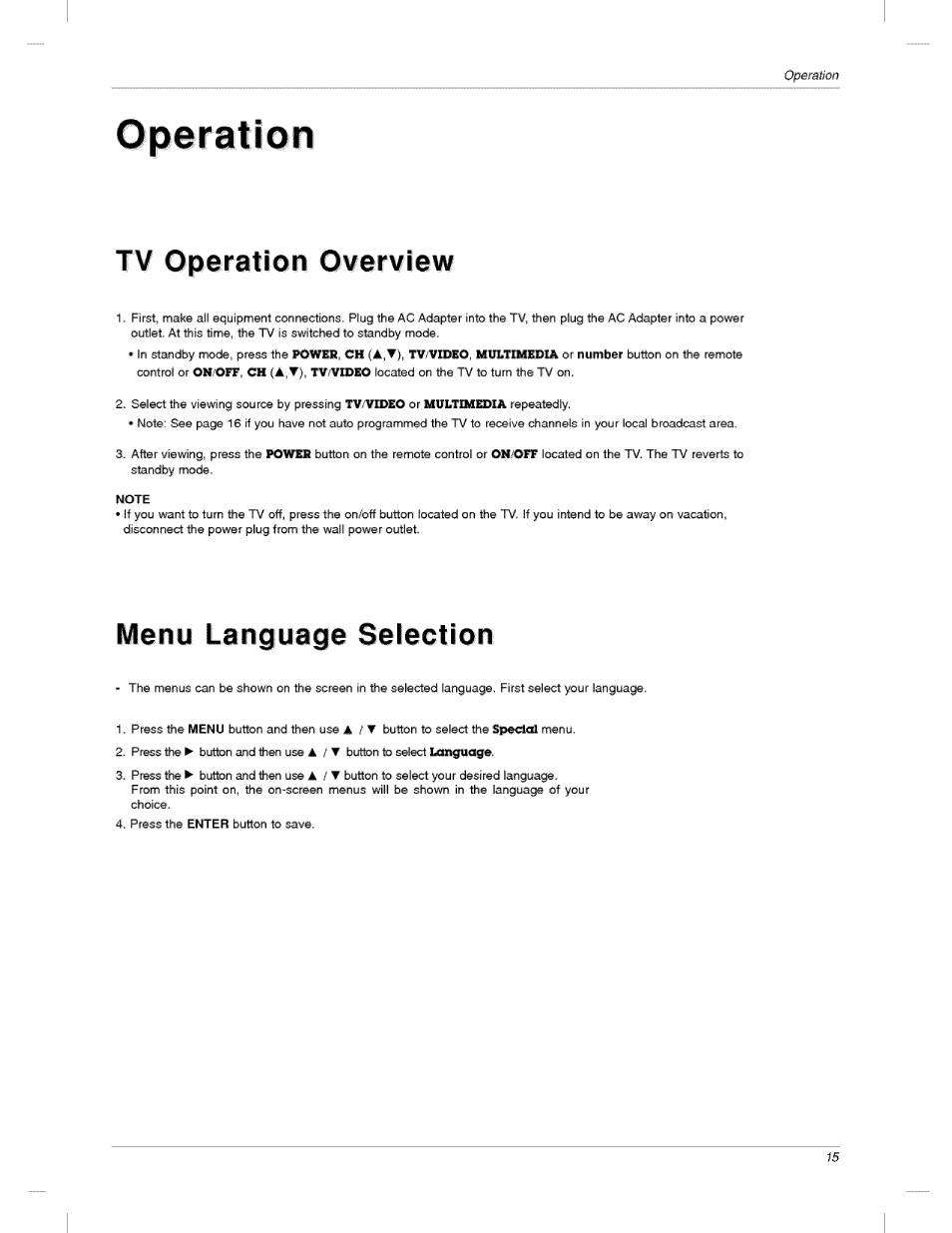 Tv operation overview, Menu language selection, Menulanguageselection | Operation | LG 23LX2R User Manual | Page 15 / 32