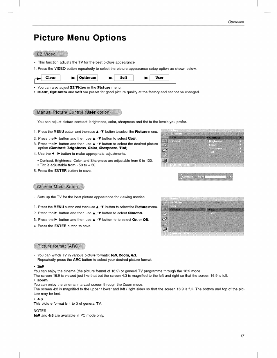 Picture menu options | LG 23LX2R User Manual | Page 17 / 32