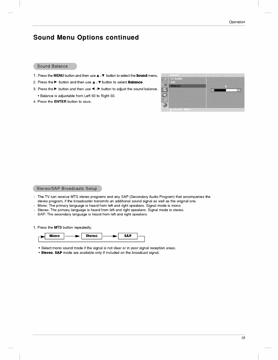 Menu, Continued, Sound | Options | LG 23LX2R User Manual | Page 19 / 32