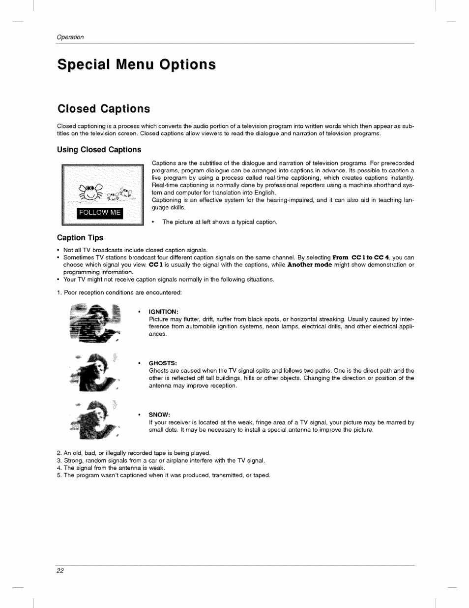 Special menu options, Using closed captions, Caption tips | Closed captions | LG 23LX2R User Manual | Page 22 / 32