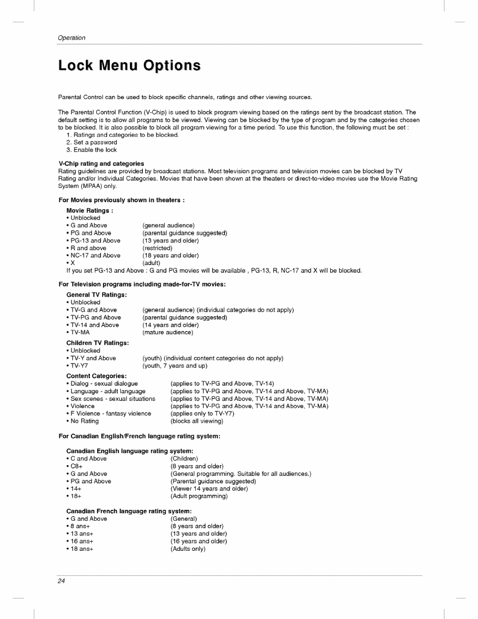 Lock menu options, For movies previously shown in theaters, Children tv ratings | Canadian english language rating system | LG 23LX2R User Manual | Page 24 / 32