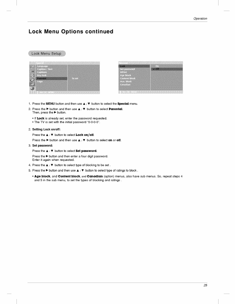 Setting lock on/oh, Lock menu options continued | LG 23LX2R User Manual | Page 25 / 32