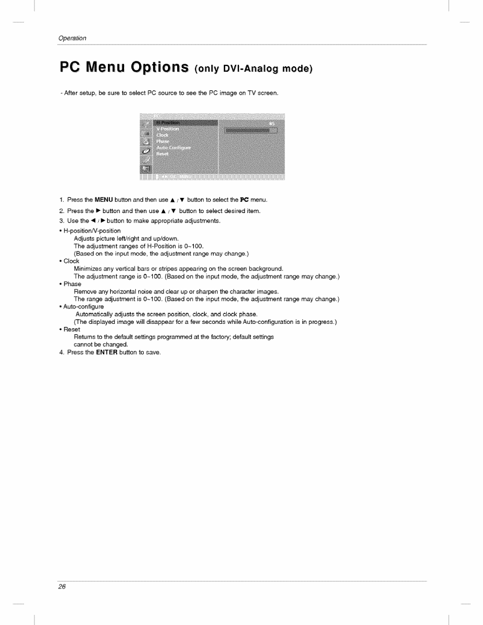 Pc menu options, Only dvi-analog mode) | LG 23LX2R User Manual | Page 26 / 32