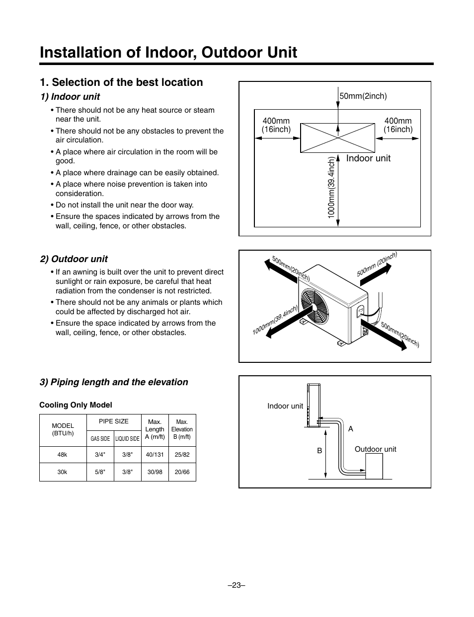 Installation of indoor, outdoor unit, Selection of the best location | LG LF300CP(LP-C303R20) User Manual | Page 23 / 47