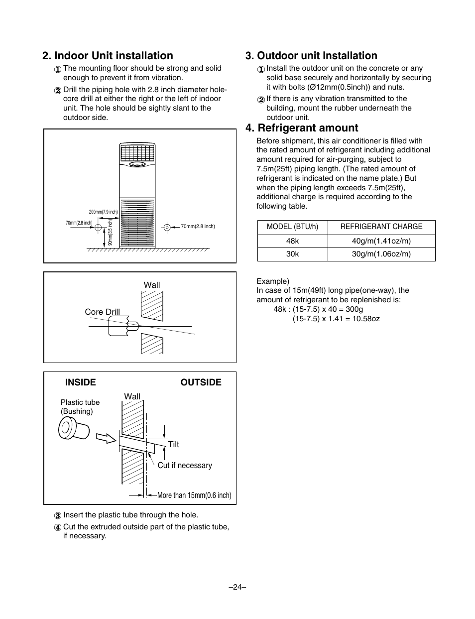 Indoor unit installation, Outdoor unit installation, Refrigerant amount | LG LF300CP(LP-C303R20) User Manual | Page 24 / 47