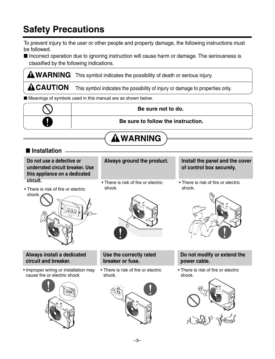 Safety precautions, Installation | LG LF300CP(LP-C303R20) User Manual | Page 3 / 47