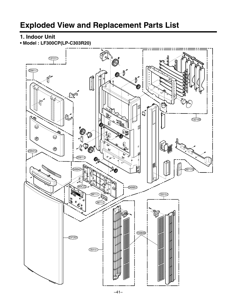 Exploded view and replacement parts list, Indoor unit | LG LF300CP(LP-C303R20) User Manual | Page 41 / 47