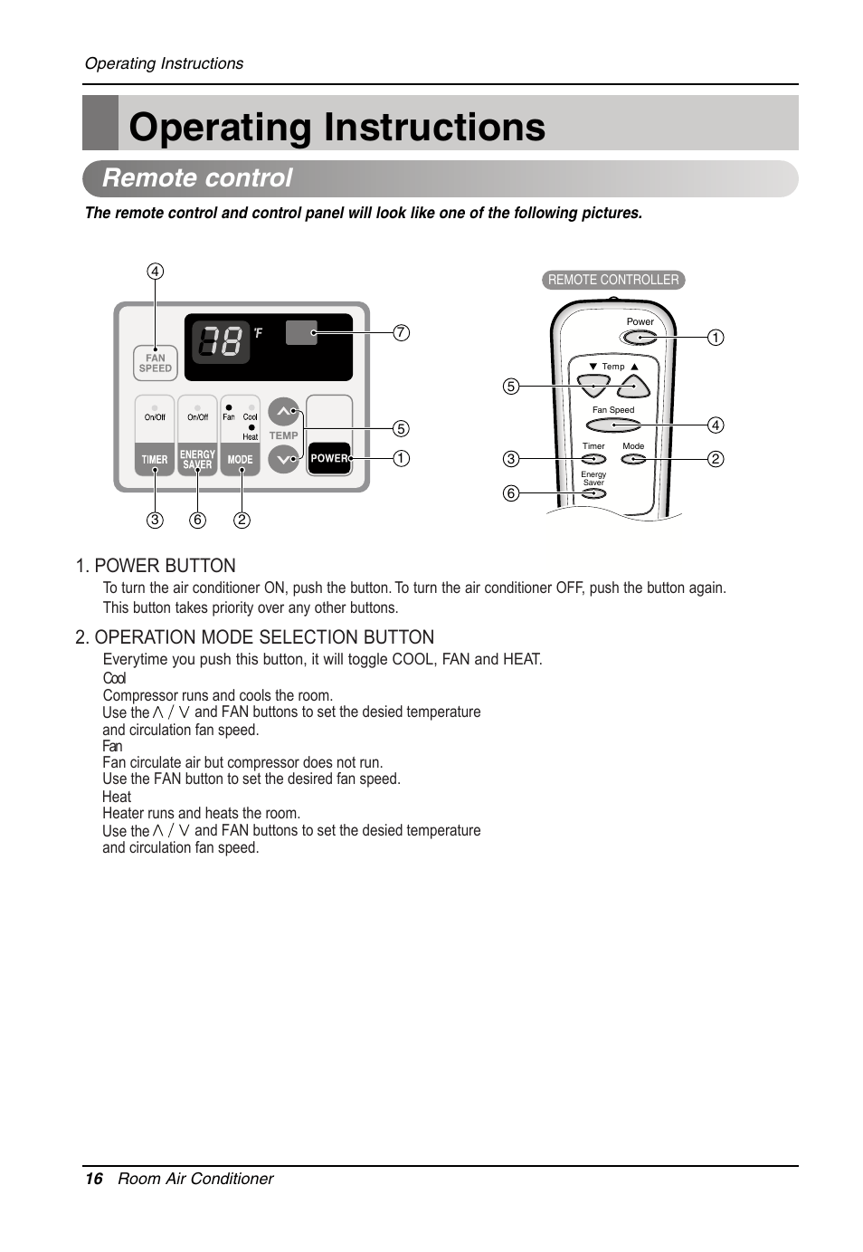 Operating instructions, Remote control, Power button | Operation mode selection button | LG LW701 HR User Manual | Page 16 / 44