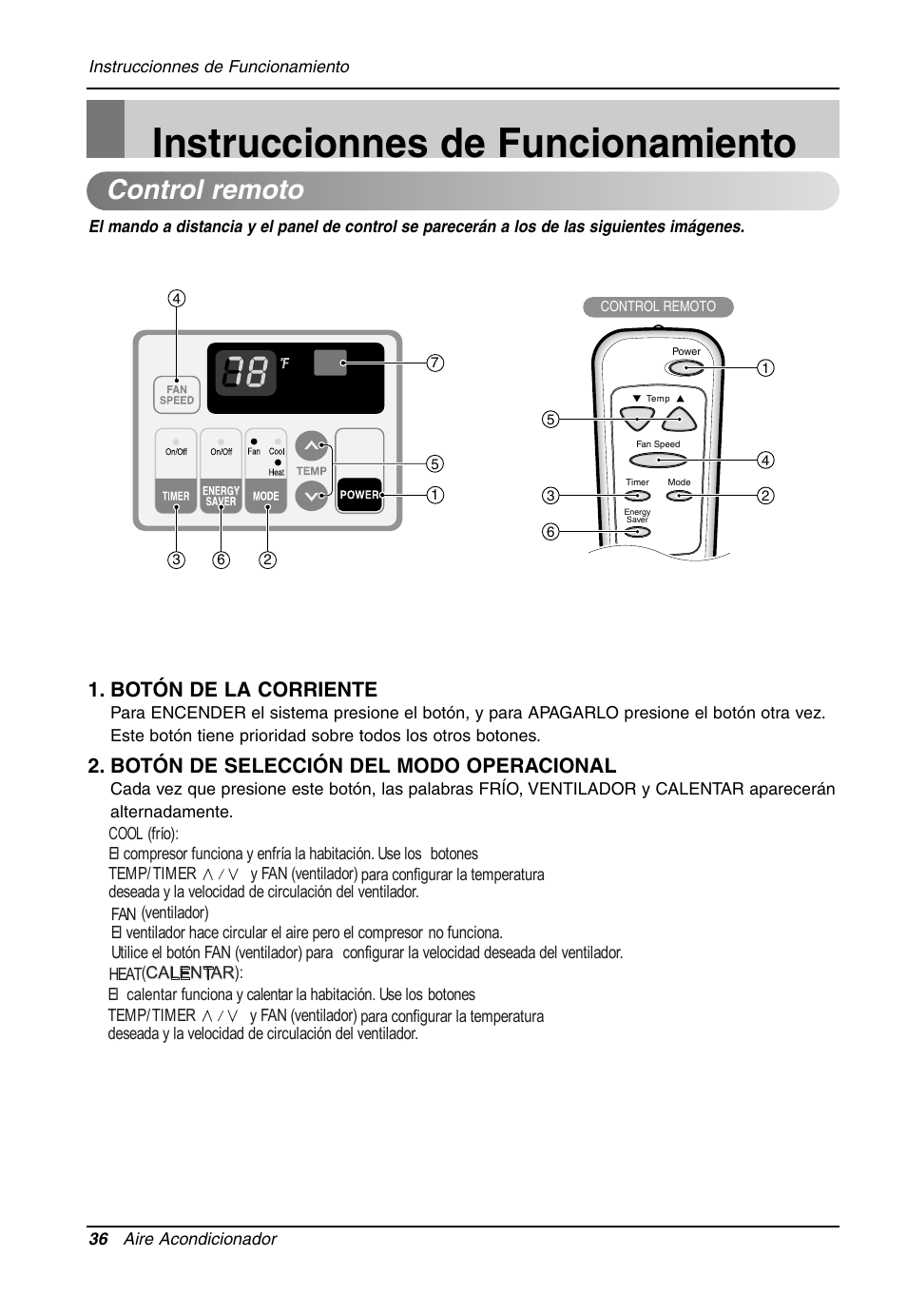 Instruccionnes de funcionamiento, Control remoto, Botón de la corriente | Botón de selección del modo operacional | LG LW701 HR User Manual | Page 36 / 44