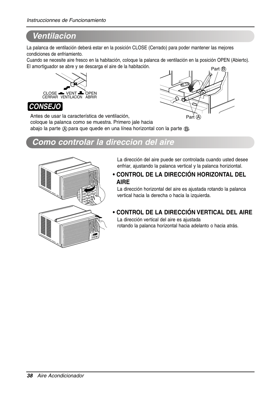 Ventilacion, Como controlar la direccion del aire, Consejo | LG LW701 HR User Manual | Page 38 / 44